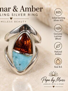 Vintage 925 Sterling Silver Larimar & Amber Statement Ring Size 8.5